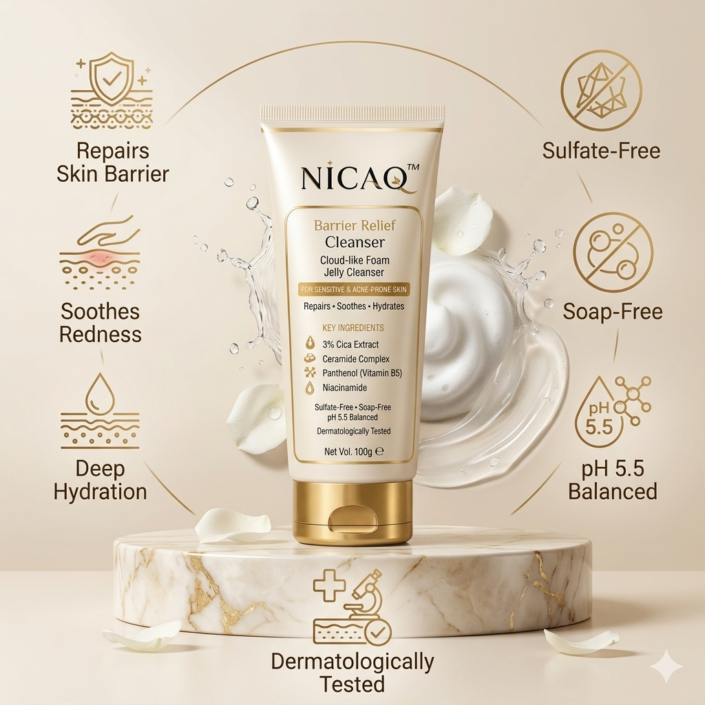 NICAQ Acne Control Face Wash – 3% Cica, Ceramide & Niacinamide – Gentle Barrier Repair Cleanser for Acne, Redness, Excess Oil & Sensitive Skin – Non Drying Daily Face Wash – 100g