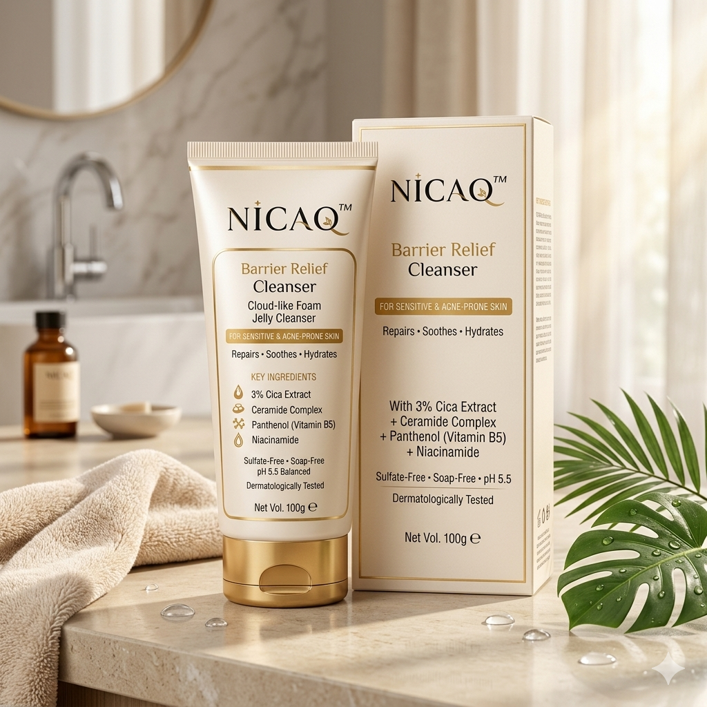 NICAQ Acne Control Face Wash – 3% Cica, Ceramide & Niacinamide – Gentle Barrier Repair Cleanser for Acne, Redness, Excess Oil & Sensitive Skin – Non Drying Daily Face Wash – 100g